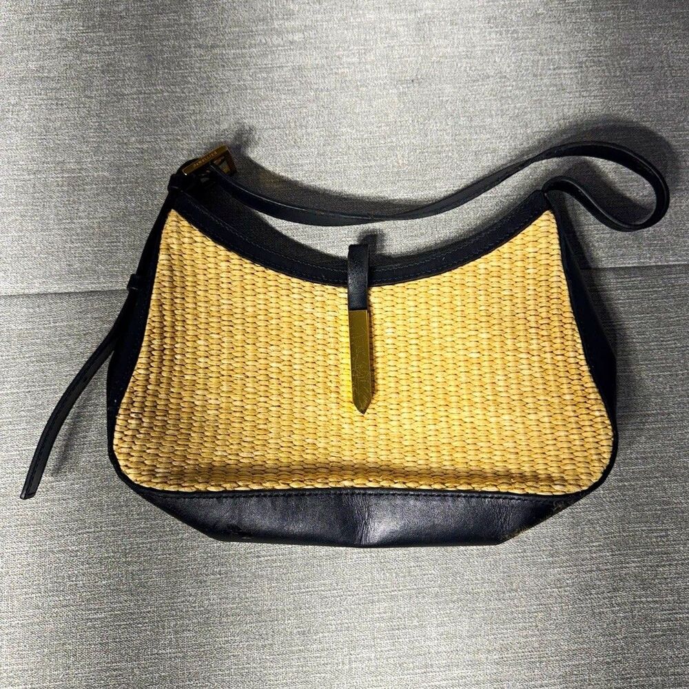 DeMellier Woven Straw & Black Leather Shoulder Bag, Zip Closure, Gold Hardware
